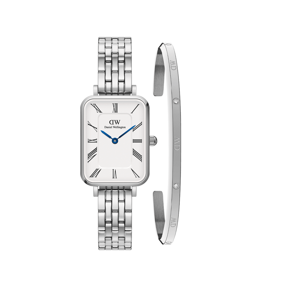 Rectangular silver Daniel Wellington watch with a white dial, Roman numeral hour markers, blue hands and a five-link bracelet, paired with a polished silver Classic Lumine bracelet featuring engraved details and sparkling accents.
