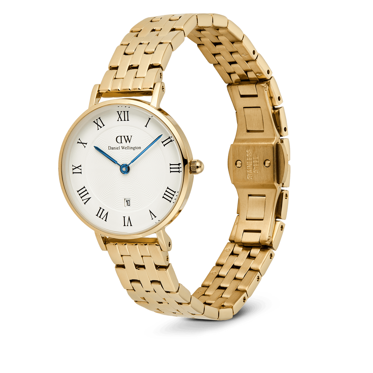 Petite Roman Numerals Date 5-link Gold watch featuring a polished gold five-link bracelet, white guilloché dial with black Roman numerals, blue hands, and a date window at 6 o’clock.