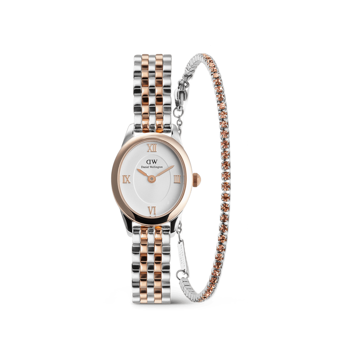 Ophelia Mini & Tennis Bracelet Apricot Silver Set featuring a silver and rose gold link watch with a round face and Roman numerals, paired with a slender tennis bracelet adorned with apricot-toned stones.