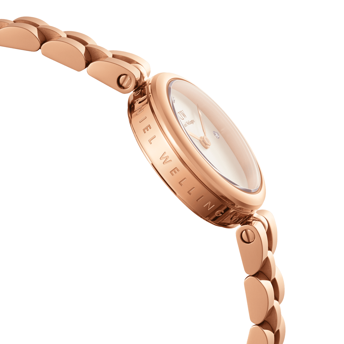 Side profile of the Elan Lumine Rose Gold women’s watch, featuring an engraved rose gold case, minimalist white dial, and a polished three-link bracelet.