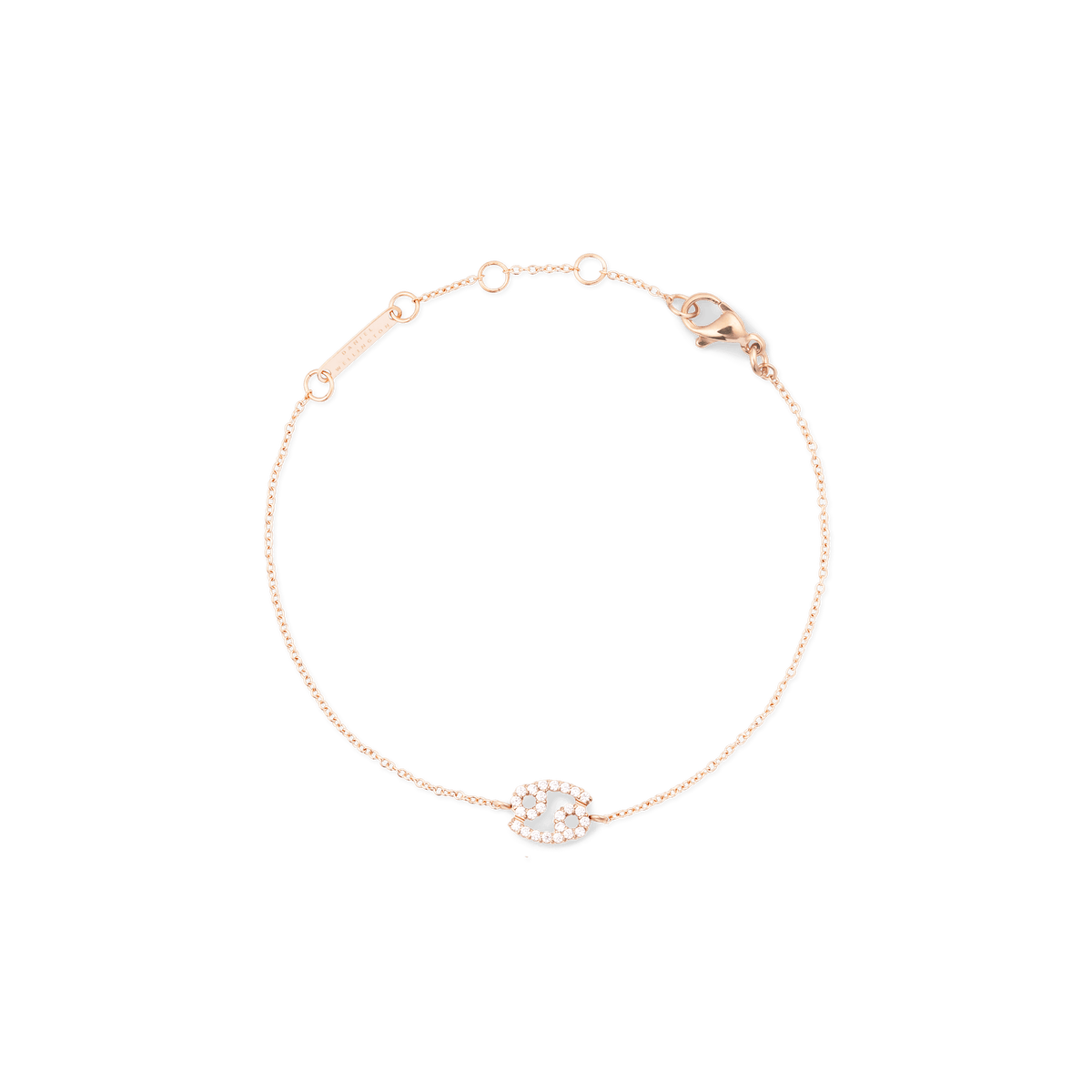 Delicate rose gold chain bracelet featuring a sparkling Cancer zodiac pendant with hand-set crystals and an adjustable clasp.