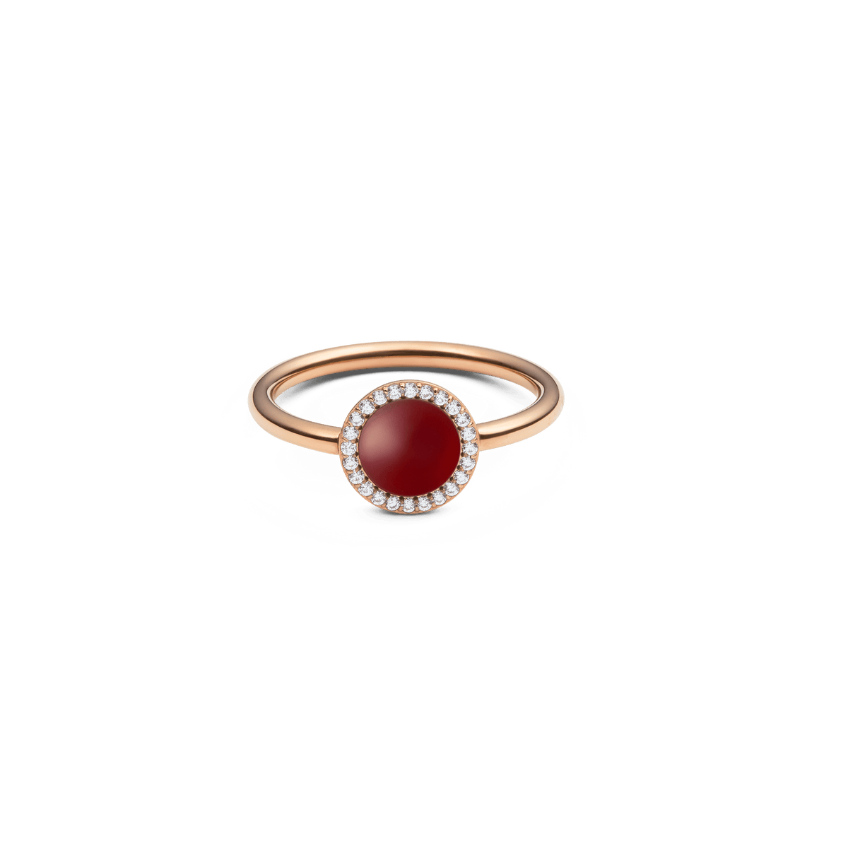 Rose gold ring with round red agate centre and halo of white cubic zirconia, elegant minimalist jewellery design.