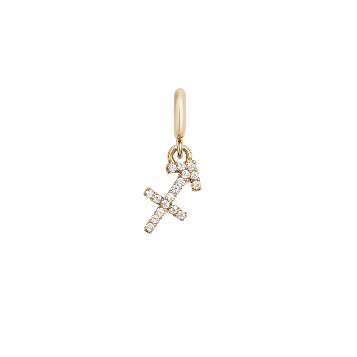 Sagittarius zodiac watch charm in gold-plated stainless steel, featuring the Sagittarius symbol adorned with sparkling cubic zirconia crystals and a polished gold loop for attaching to a watch strap.