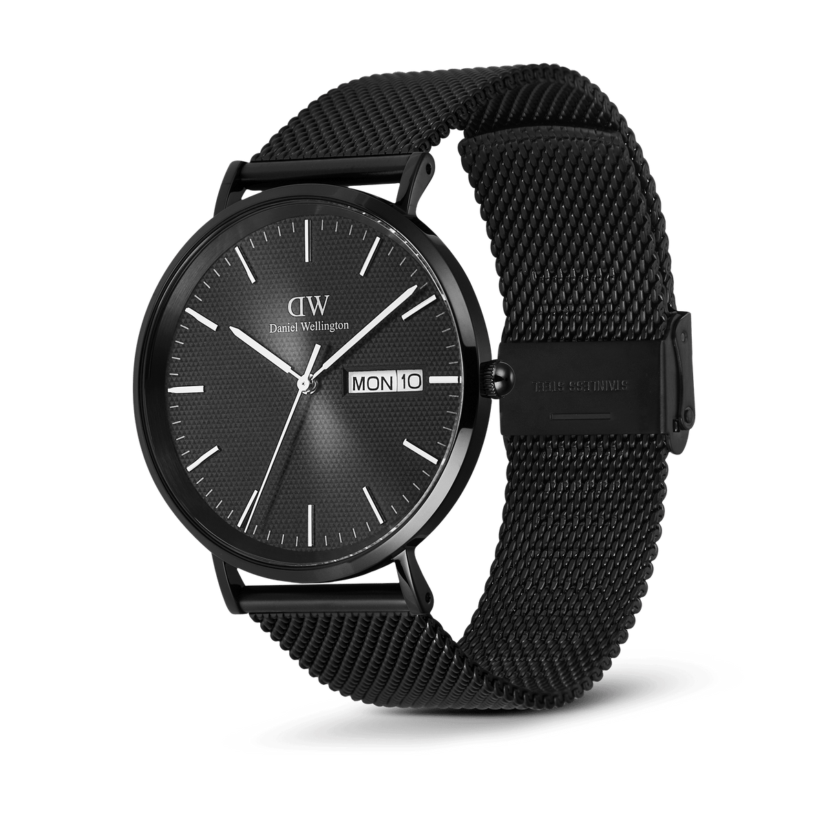 Daniel Wellington Classic Day Display Onyx men’s watch featuring a black textured dial with day and date display, polished black stainless steel case, and an adjustable black mesh strap for a sleek, modern finish.