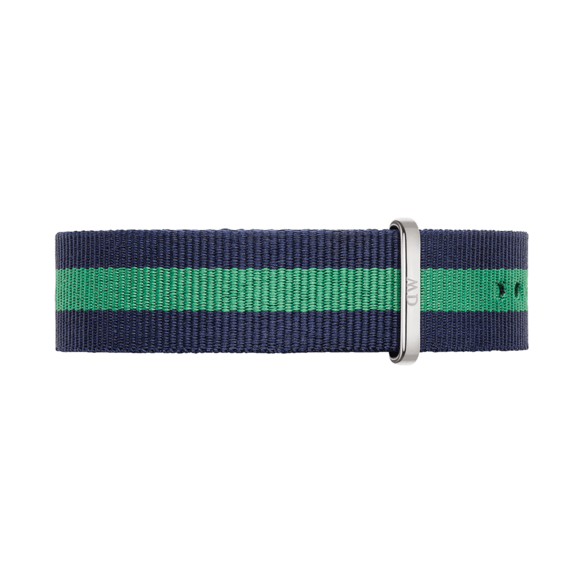 Navy blue and green striped NATO watch strap made from durable polyester fabric, featuring polished silver hardware and a 20mm width for a comfortable, versatile fit.
