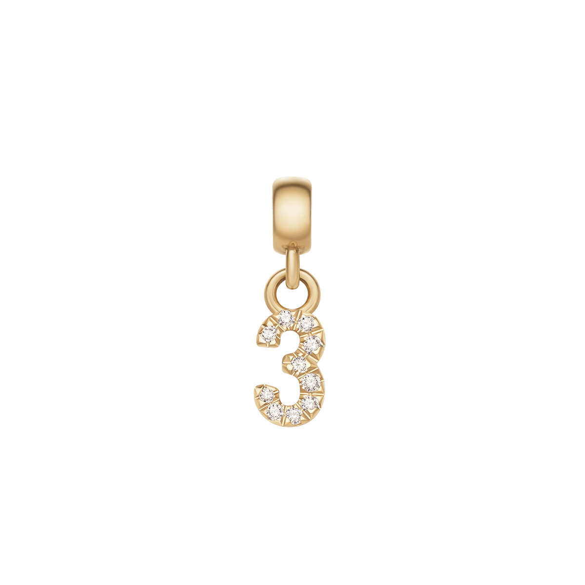 Gold number 3 charm featuring sparkling cubic zirconia crystals in a claw setting, designed for personalising jewellery.