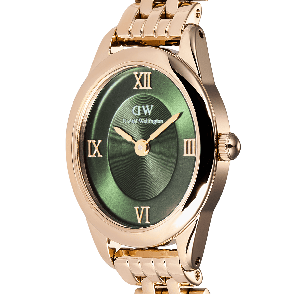 Close-up of the Ophelia Mini Emerald Rose Gold watch, highlighting the polished rose gold oval case, emerald green sunray dial, and gold Roman numeral markers.