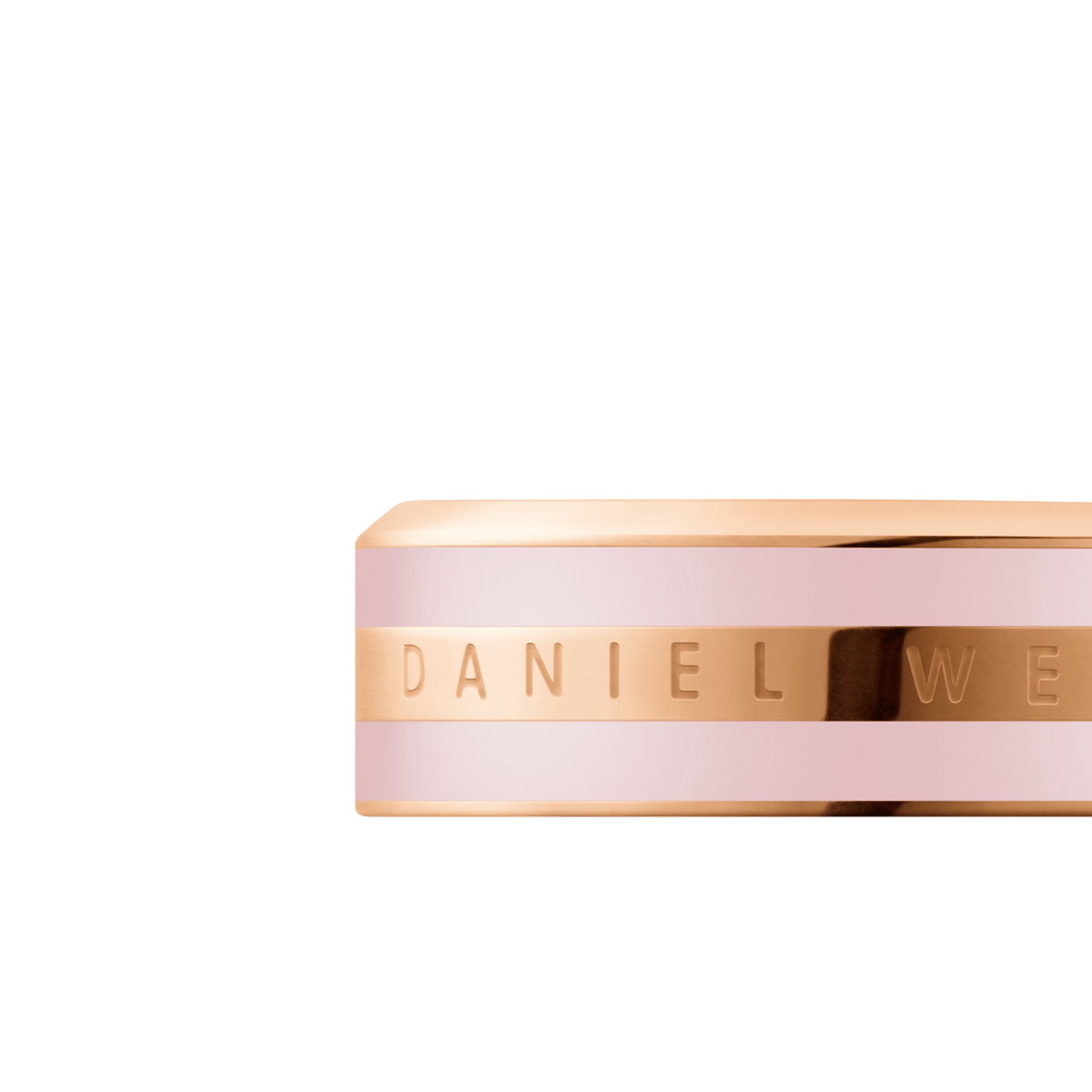 Close-up of the Emalie Ring Cherry Blossom Rose Gold Cherry, showing the rose gold band with cherry blossom pink enamel and the engraved Daniel Wellington logo. The ring highlights a modern, elegant style with subtle pastel detailing.