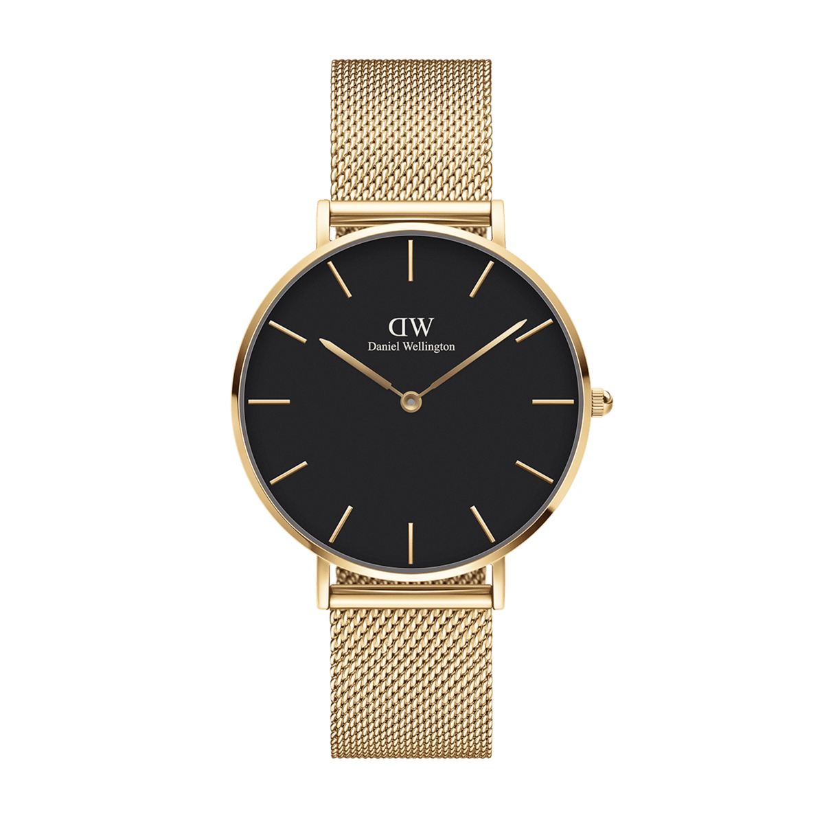 Gold mesh strap women’s watch with black minimalist dial and gold hour markers, Daniel Wellington Petite Evergold.