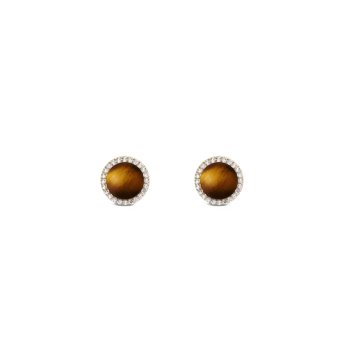 Gold stud earrings with domed tiger eye stones, haloed by white cubic zirconia, elegant and timeless design.