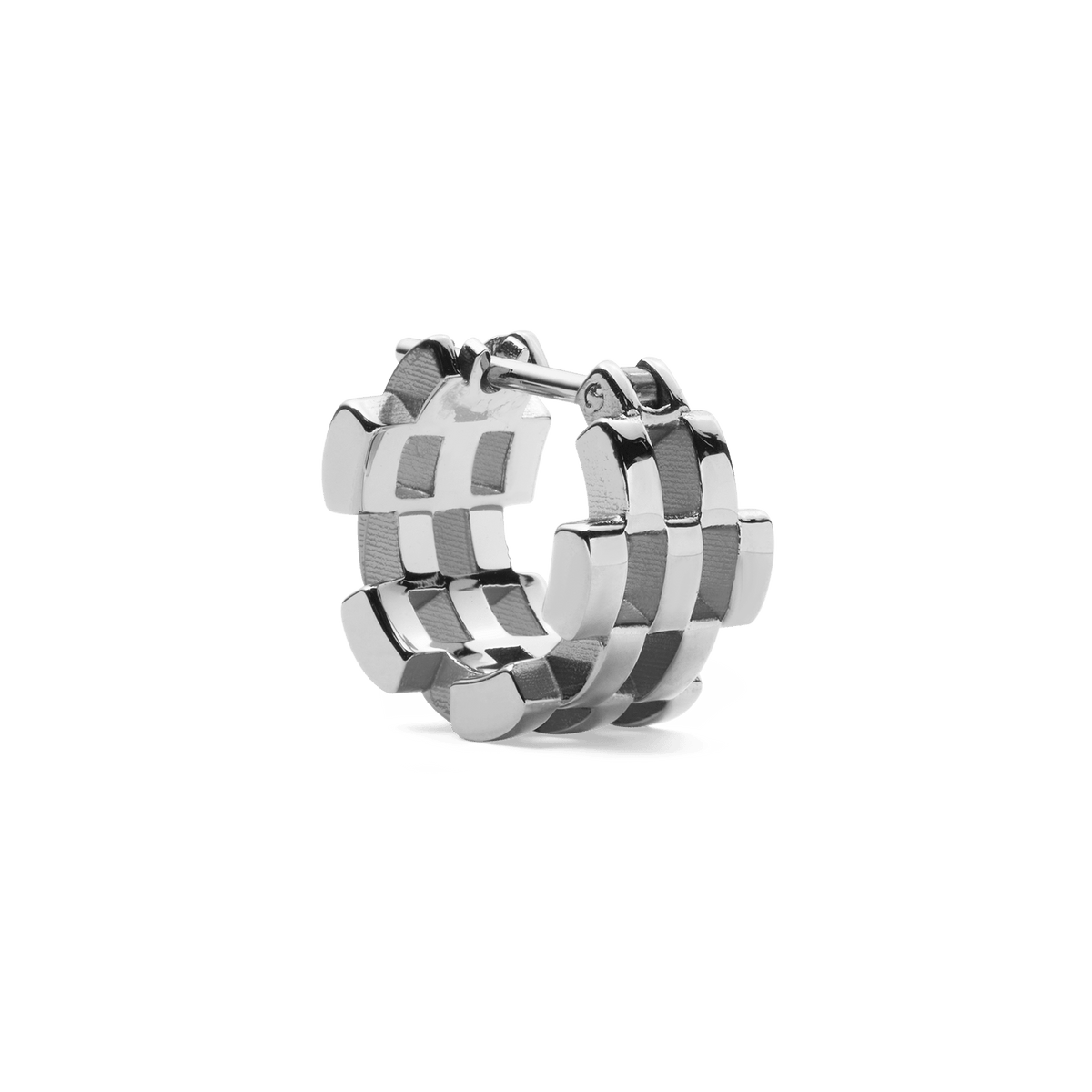 Single 5-link silver earring crafted from polished stainless steel, featuring a bold interlocking design with subtle open spaces between each link.