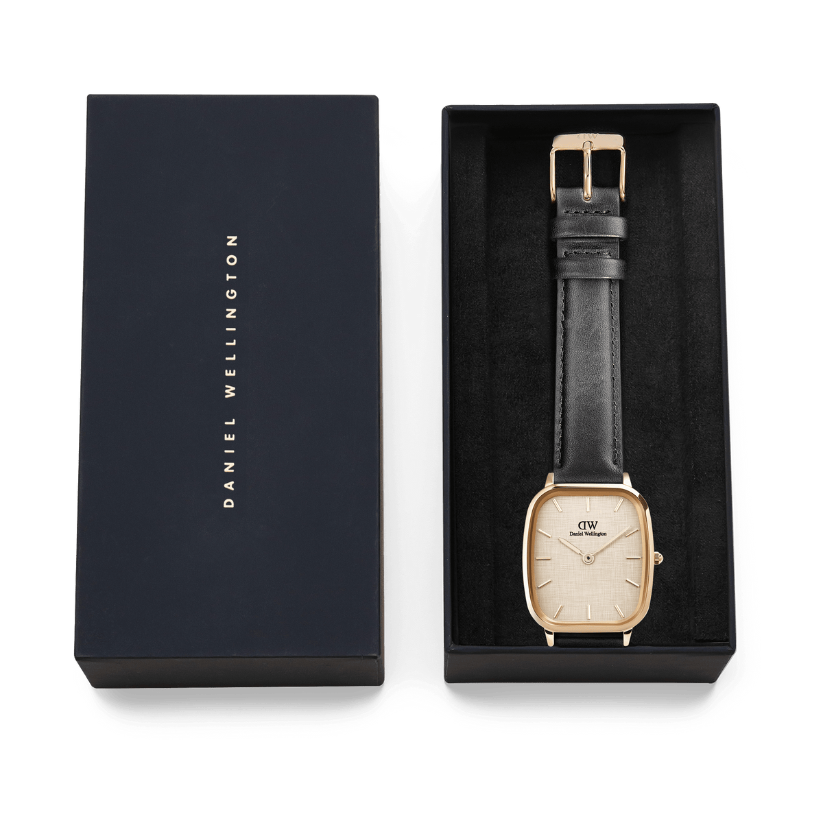 Daniel Wellington Marlon Sheffield Linen Gold watch presented in a signature gift box, featuring a gold cushion-shaped case, linen-textured dial, and black leather strap.