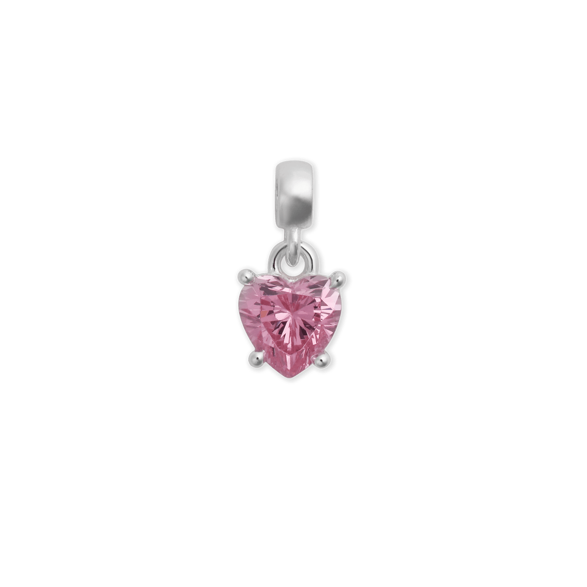 Heart-shaped charm in sterling silver with a sparkling pink crystal, featuring a claw setting and a polished bail, designed for necklaces or bracelets.