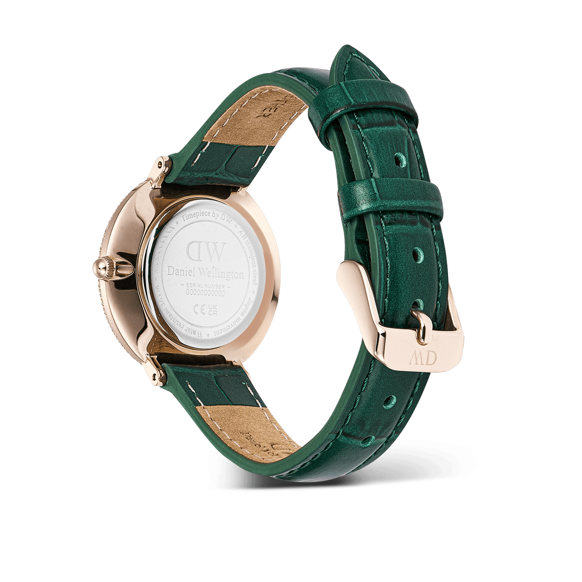 Rear view of the Crystalline Bezel Green Croc Rose Gold watch, showing the engraved case back, rose gold hardware, and adjustable emerald green crocodile-textured leather strap with a pin buckle.