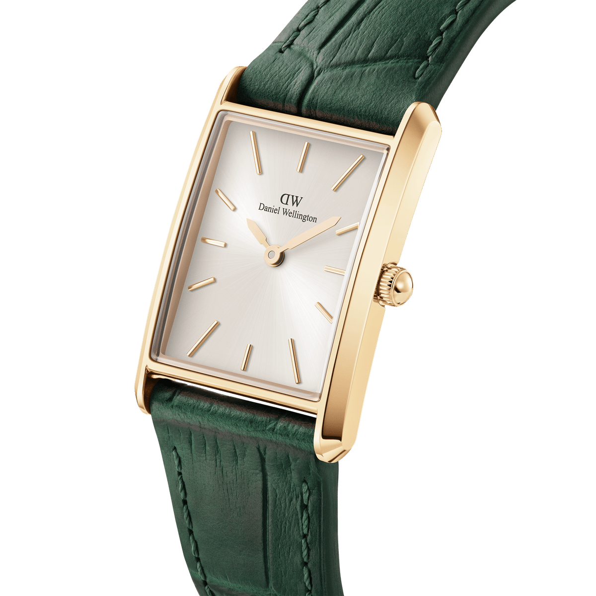 Rectangular gold women’s watch with champagne sunray dial and emerald green crocodile-embossed leather strap, angled view.