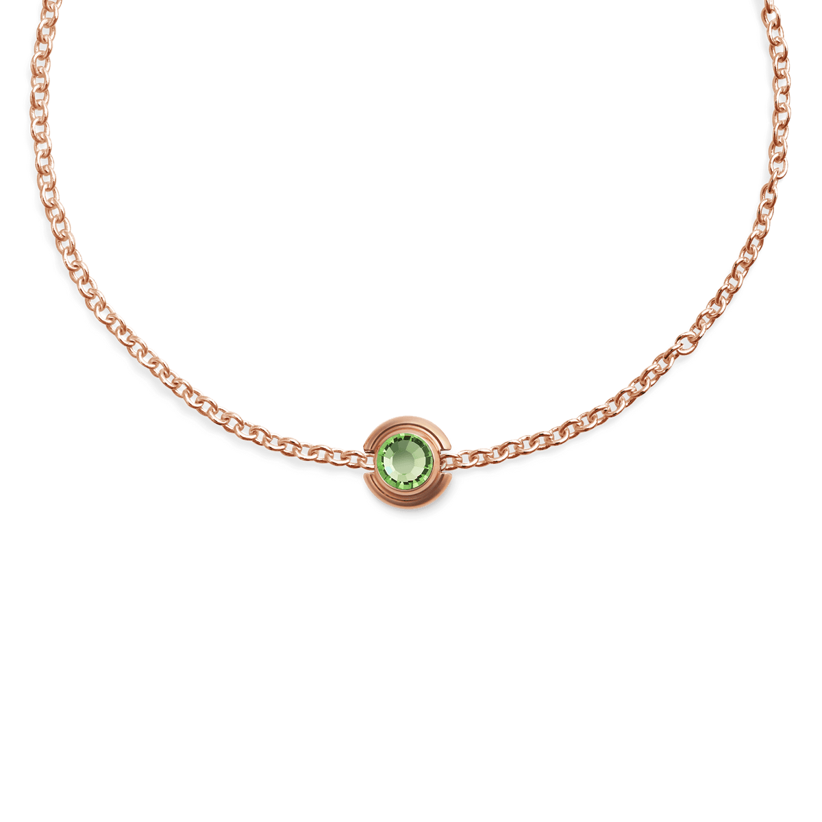 Rose gold chain bracelet featuring a central round charm with a light green crystal in a minimalist setting.