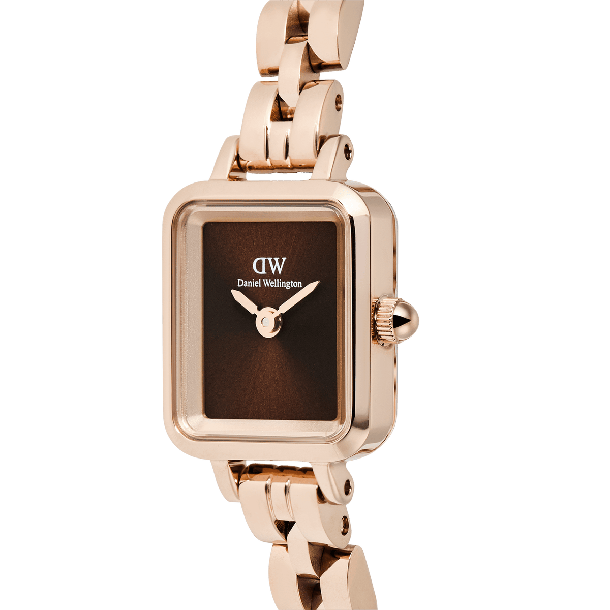 Close-up of the Quadro Mini Arch 3-link Amber Sunray Rose Gold watch, showcasing its rectangular rose gold case, minimalist amber sunray dial, and polished three-link bracelet.