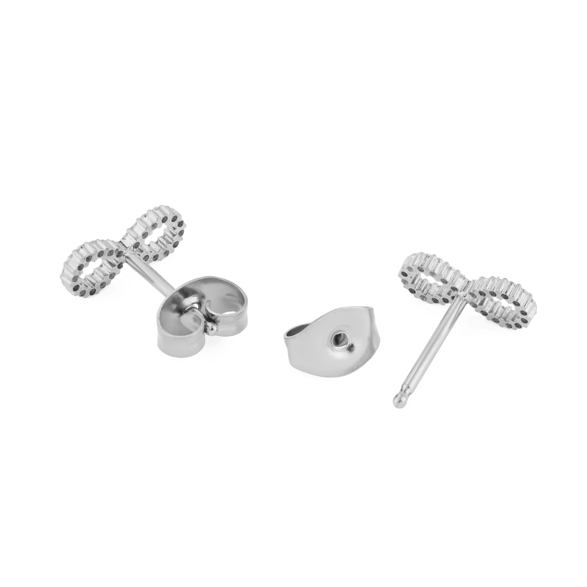Mirelle Infinity Earring Silver studs shown from the back, highlighting the secure stud fastening and polished stainless steel with cubic zirconia detailing in the infinity symbol design.