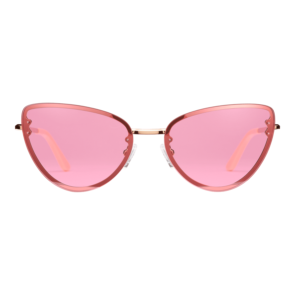 Cat eye sunglasses with a rose gold stainless steel frame and pink gradient lenses, featuring adjustable silicone nose pads and acetate temple tips for comfort. The Lynx Steel Pink Gradient Rose Gold design combines modern elegance with UV400 protection.