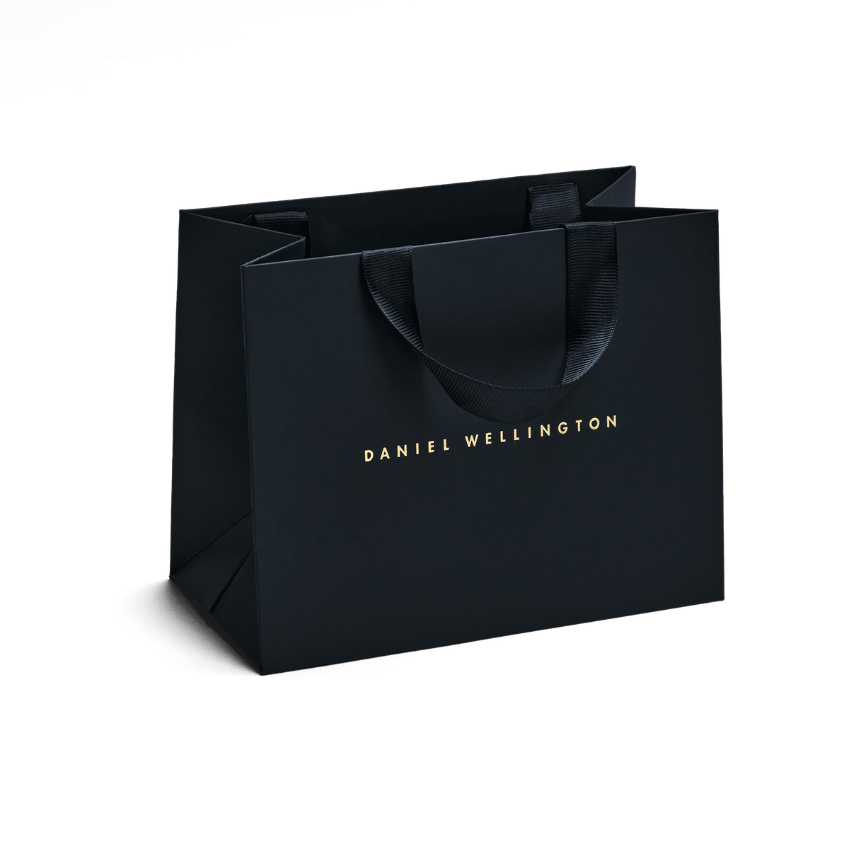 Small blue luxury paper shopping bag featuring the Daniel Wellington logo in gold lettering, with sturdy ribbon handles and a refined, minimalist design. Ideal for presenting gifts such as watches or jewellery in a sophisticated and stylish way.