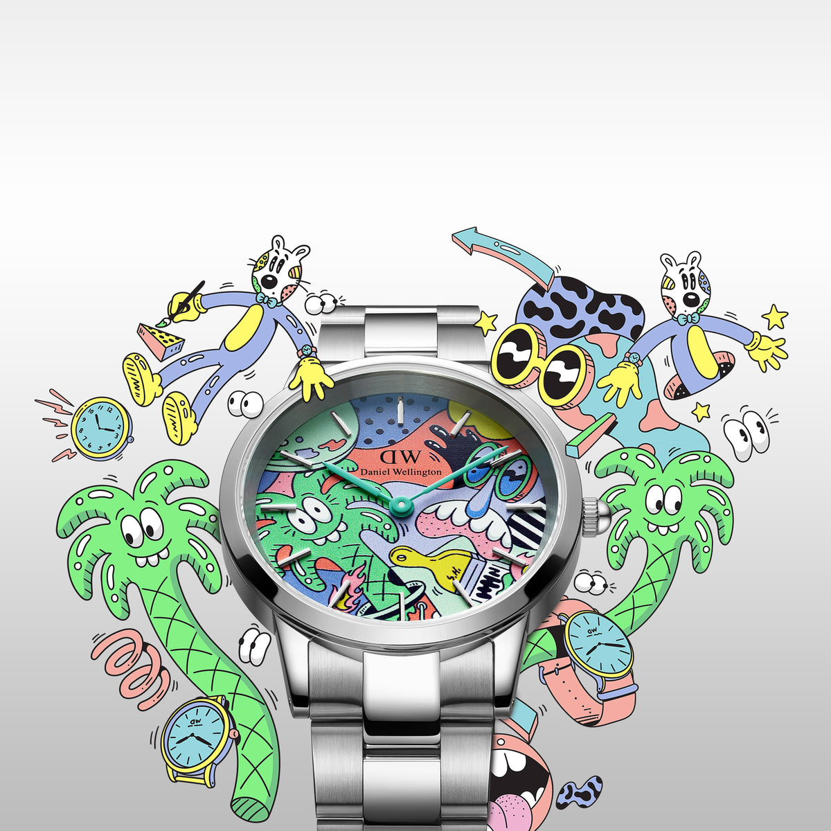 Steven Harrington x Daniel Wellington Iconic Link Multicolor watch with a polished silver strap, shown against a playful illustrated backdrop that matches the vibrant, artistic dial design.