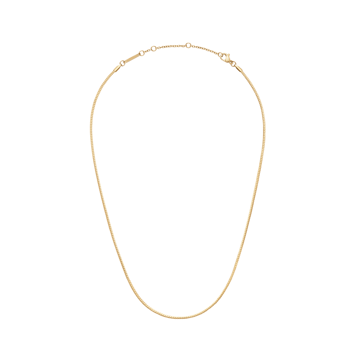 Flat Chain Necklace G in polished gold with a smooth, minimalist flat link design and adjustable clasp.