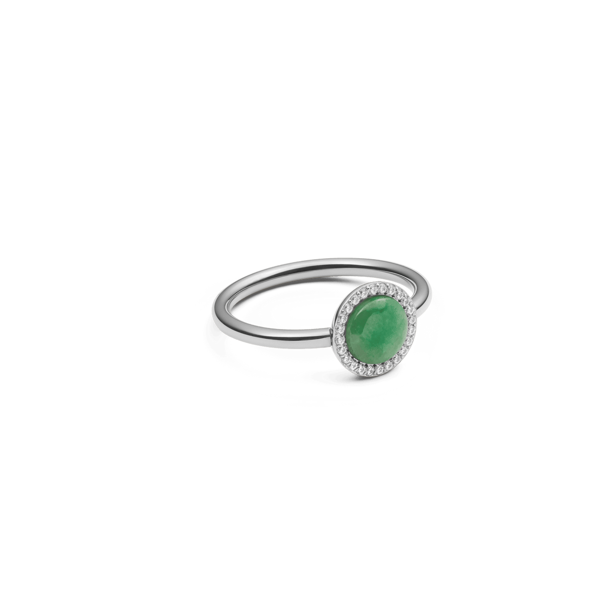 Audrey Ring Jade Silver featuring a round green jade stone and white cubic zirconia on a slim stainless steel band.