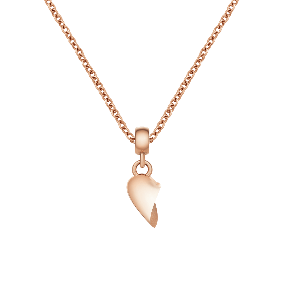 Rose gold broken heart charm pendant with a polished finish, shown on a matching rose gold chain necklace.