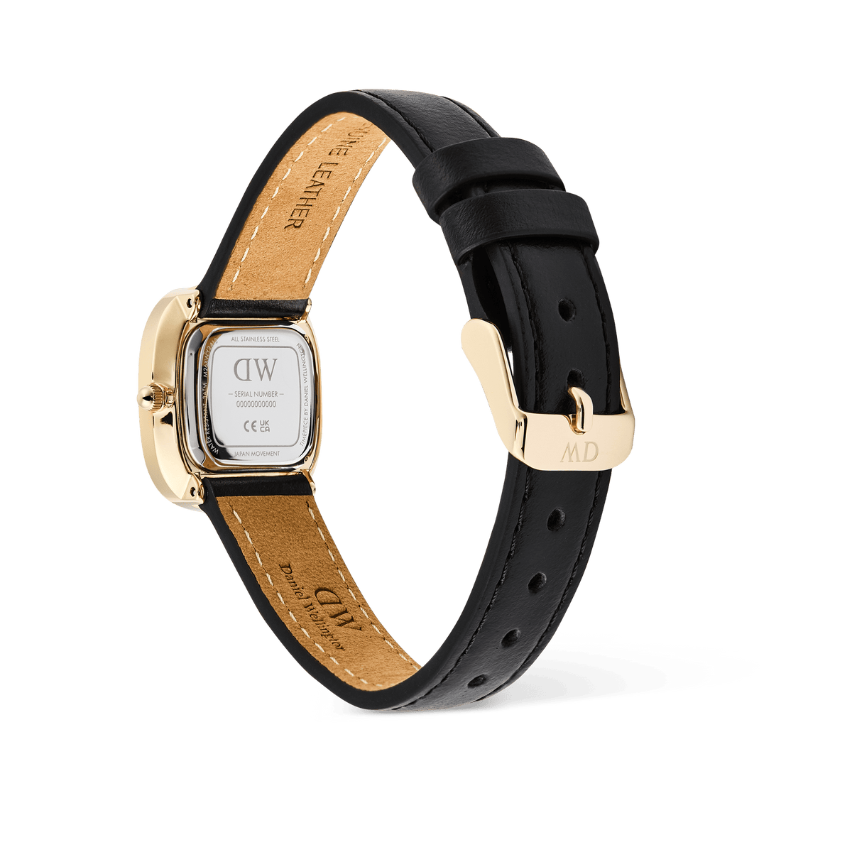 Rear view of the Margot Sheffield Unitone Sunray Gold women’s watch, highlighting the engraved stainless steel case back, genuine black leather strap, and polished gold pin buckle.
