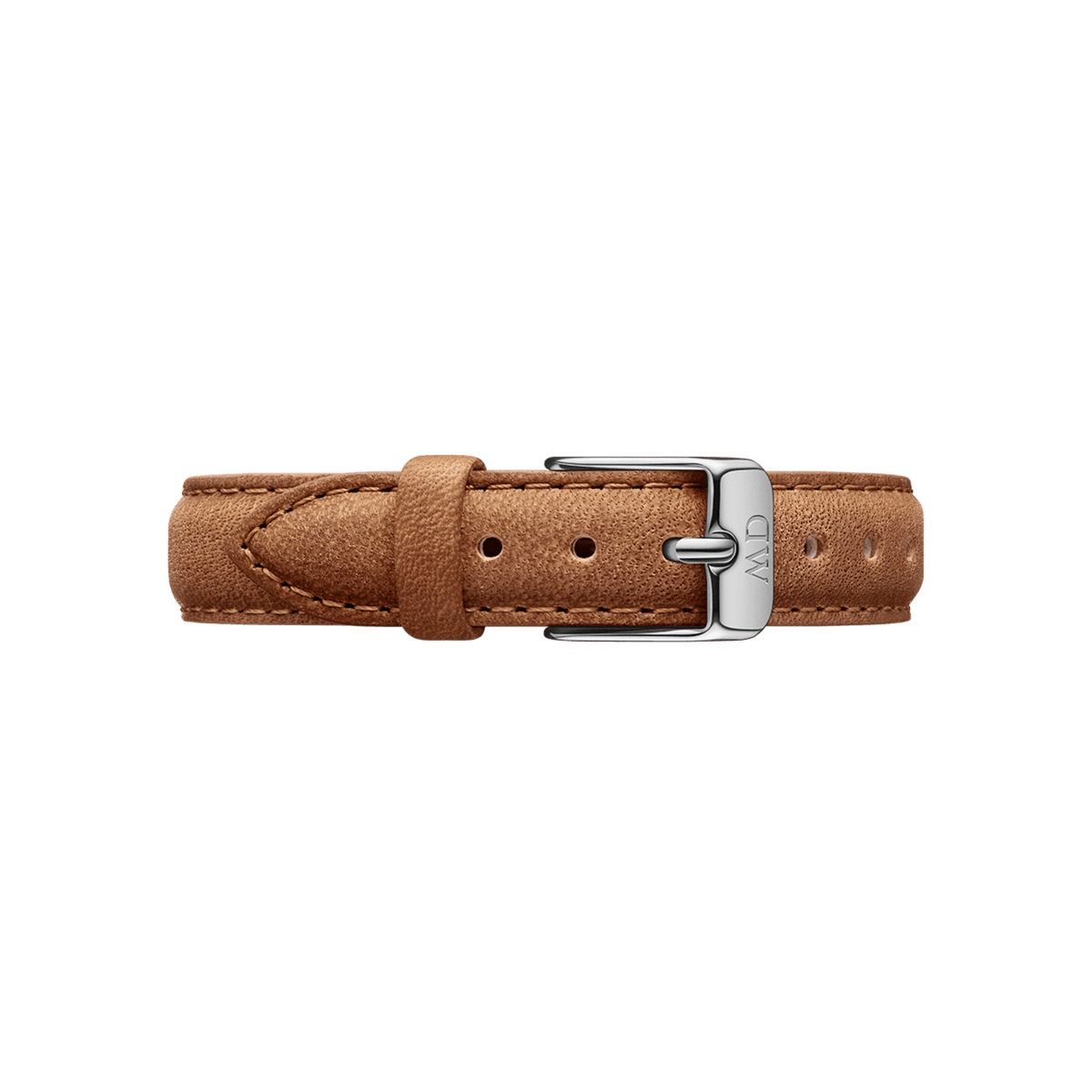 Durham Strap Silver light brown leather watch strap with contrast stitching and engraved silver buckle, Daniel Wellington.