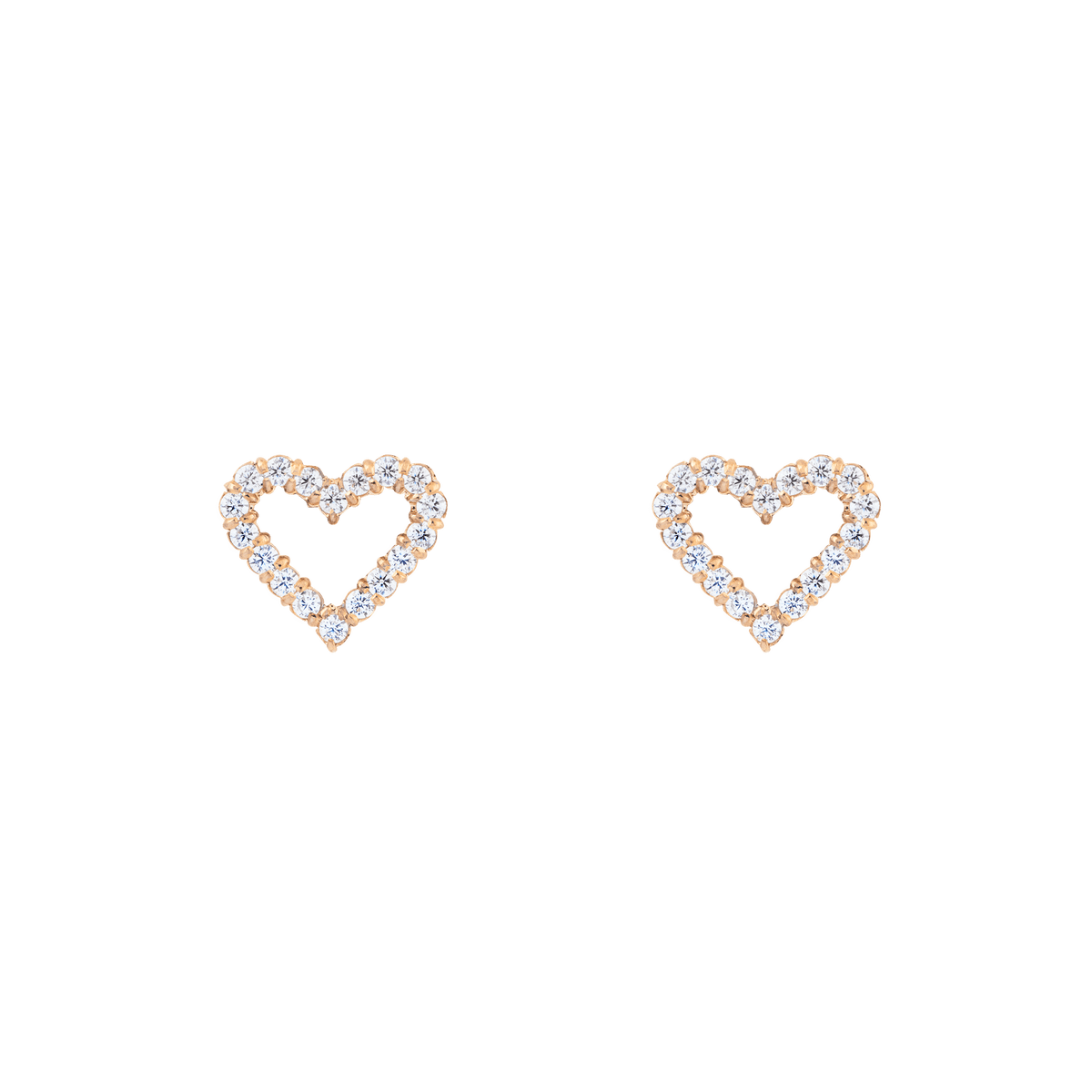 Pair of Mirelle Heart Earring Rose Gold studs featuring an open-heart silhouette in rose gold with pavé-set white cubic zirconia crystals, offering a delicate and modern design.