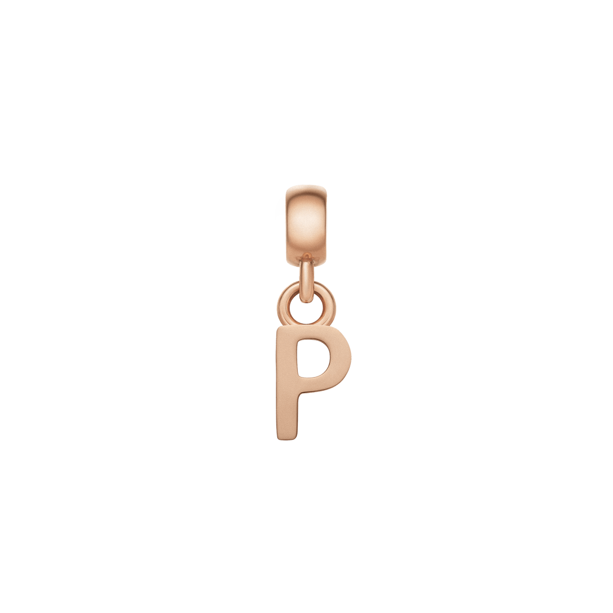 Rose gold letter P charm with a refined, polished finish and minimalist style, designed for personalising bracelets or necklaces with a touch of elegance.