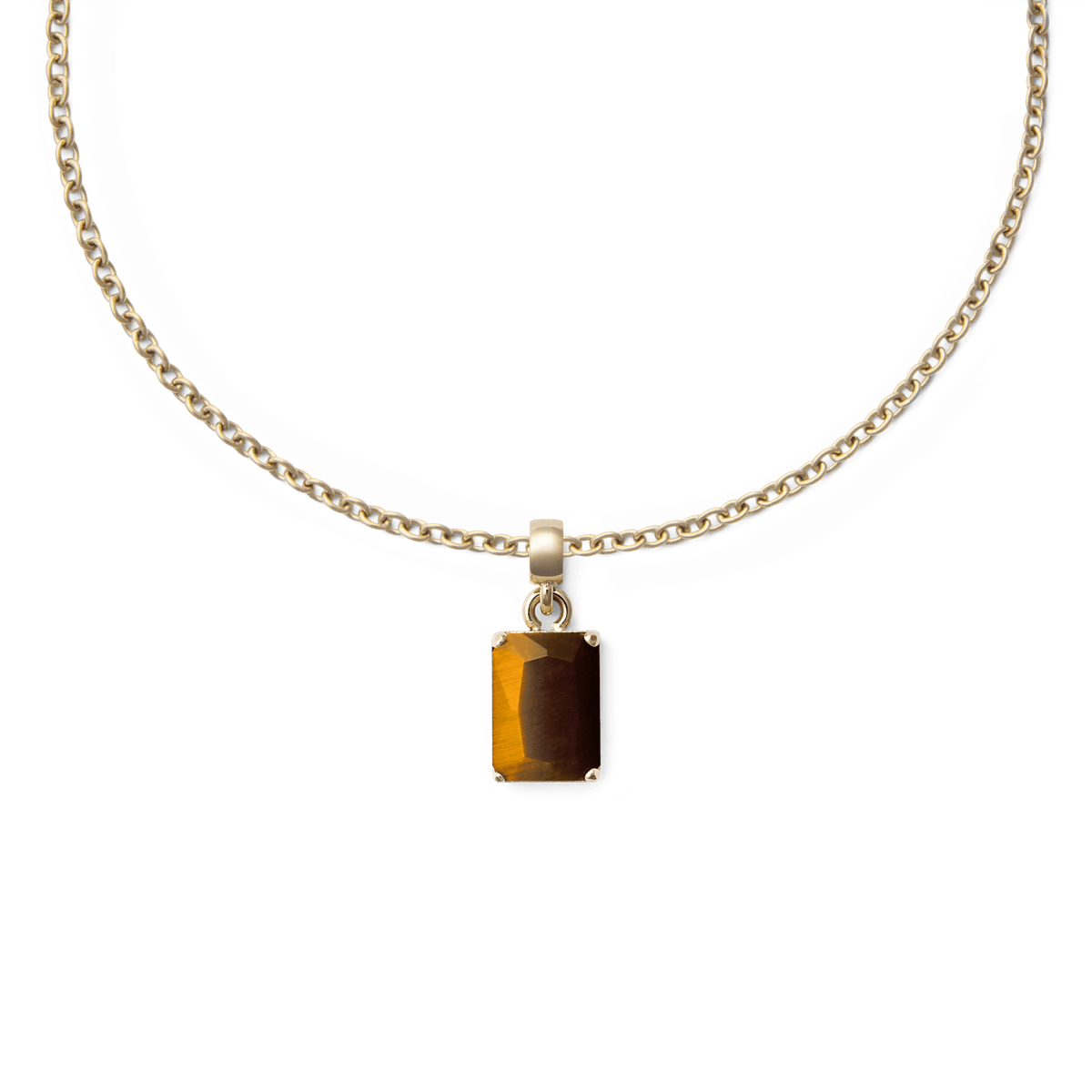 Gold necklace featuring an octagonal tiger eye charm with a faceted, golden-brown semi-precious stone set in gold-plated stainless steel.