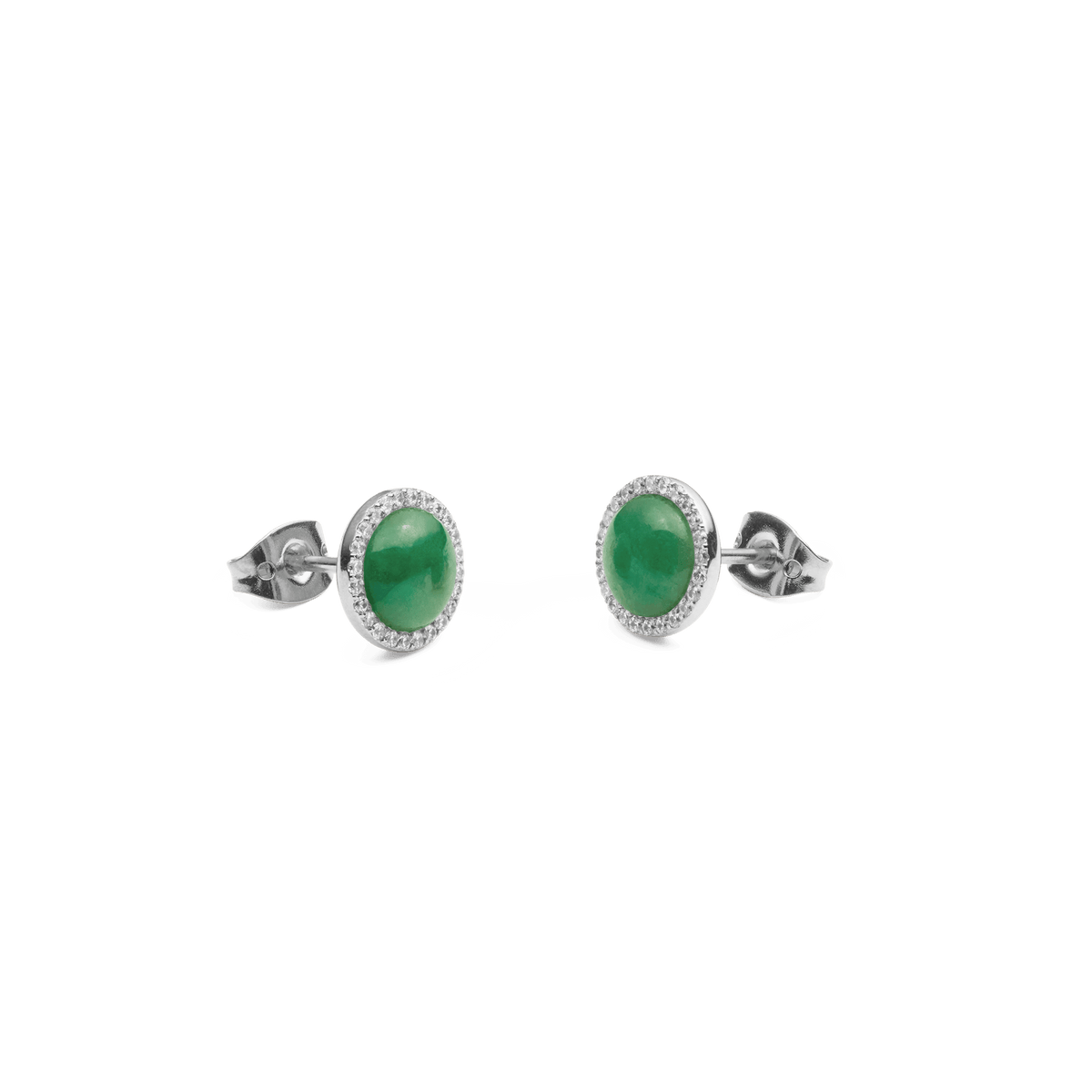Audrey Earrings Jade Silver featuring round green jade stones and cubic zirconia accents in polished silver stud settings.