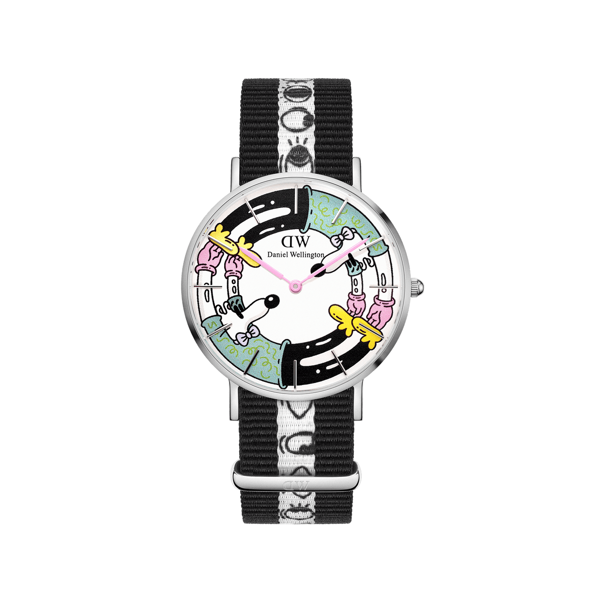 Steven Harrington x DW: NATO Multicolor Printed Dial watch featuring a vibrant, artist-designed face with playful graphics and a black and white NATO strap adorned with signature motifs. The lightweight stainless steel case and adjustable strap offer a modern, creative twist on a classic silhouette.