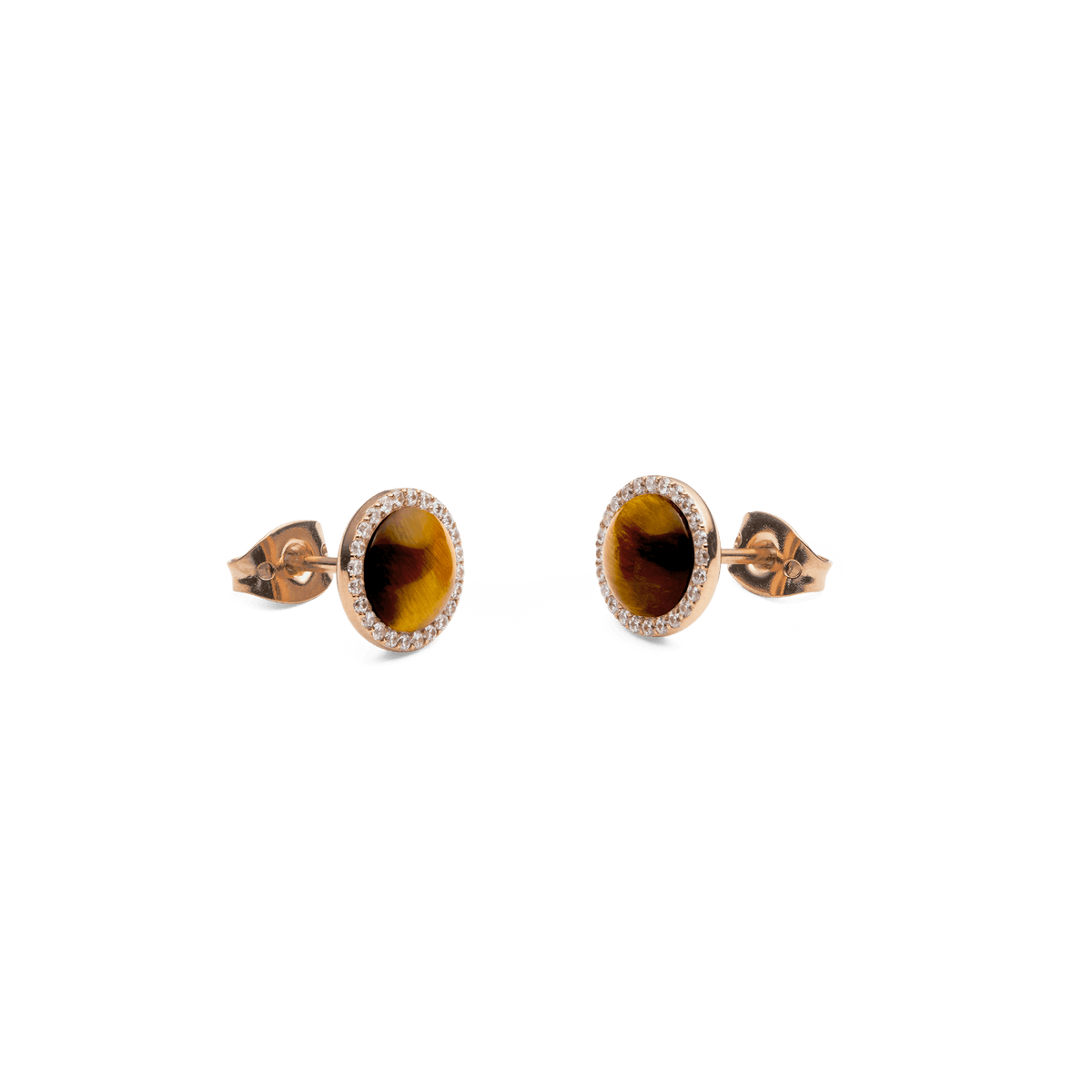 Audrey Earrings in rose gold with tiger eye stones and white cubic zirconia halo, elegant stud design for everyday wear.