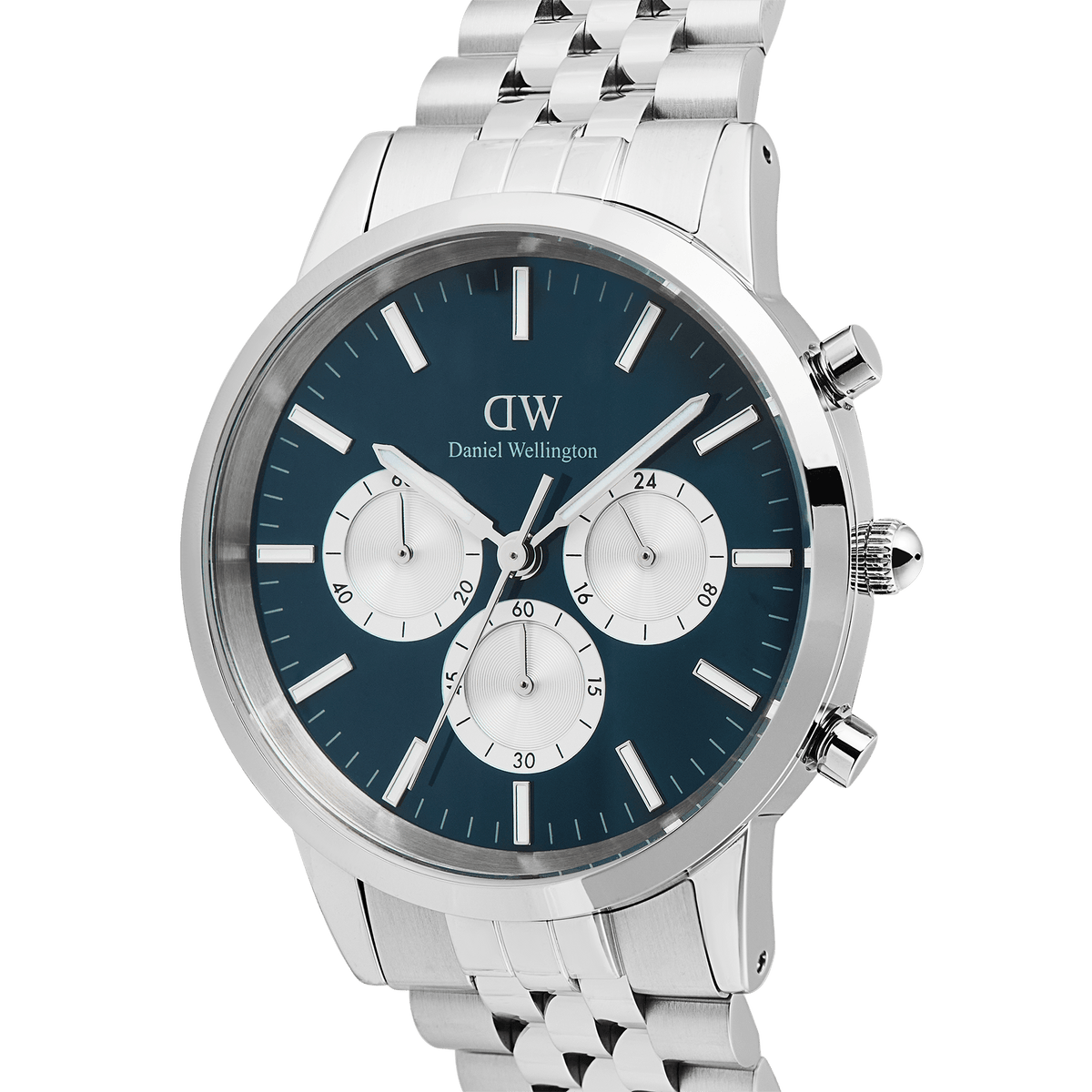 Close-up of the Daniel Wellington Iconic Chronograph Arch 5-Link Arctic Panda Silver watch, showcasing its blue enamel dial, silver sub-dials, luminous hands, and polished stainless steel bracelet.