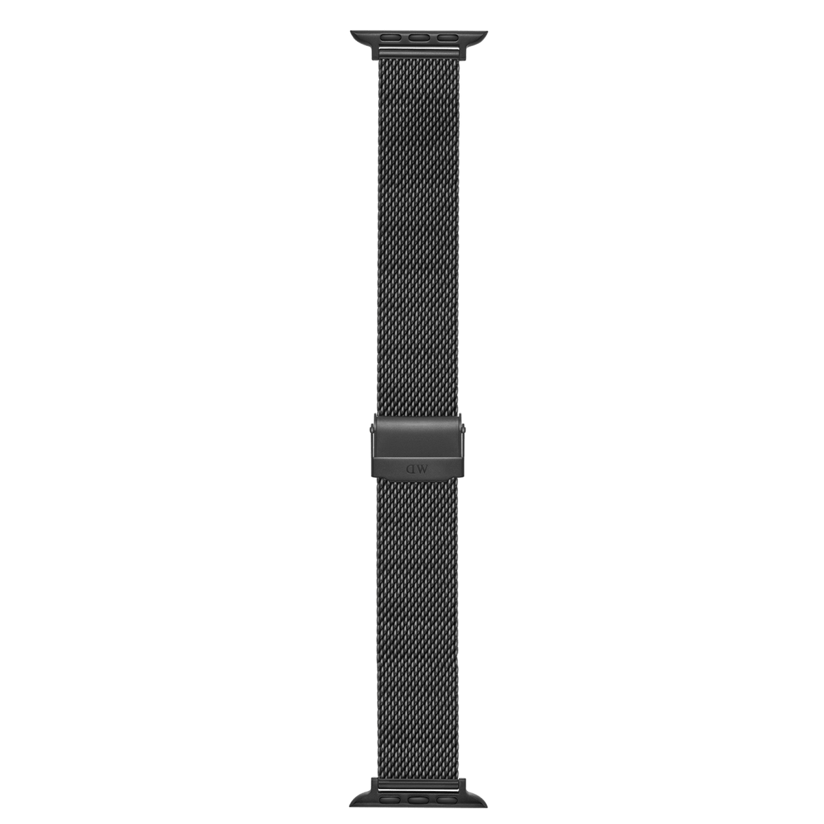 Black sandblasted mesh stainless steel smartwatch strap with adjustable clasp, shown flat to display its fine woven texture and sleek design.