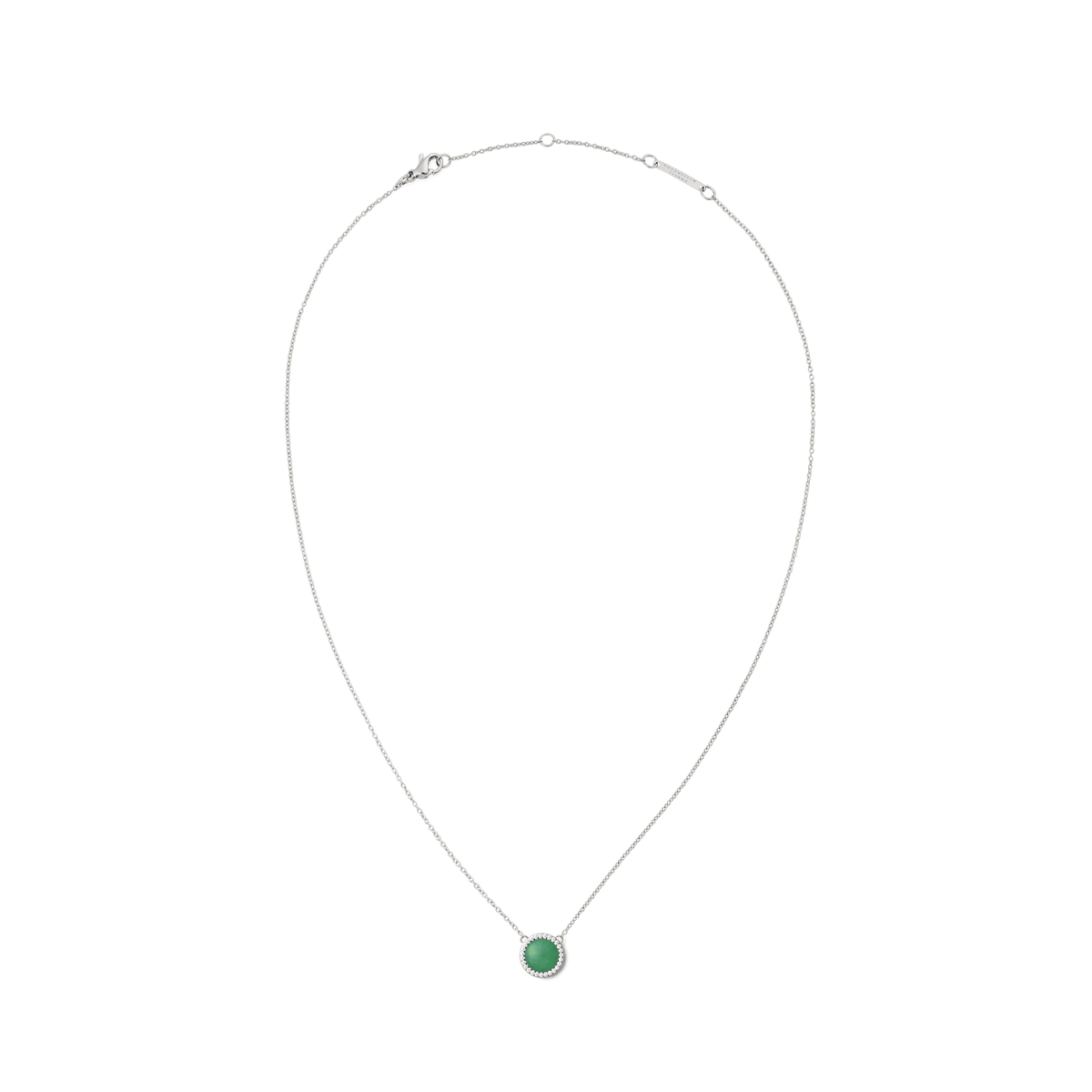 Silver necklace with a round jade pendant, accented by white cubic zirconia, on a fine adjustable chain.