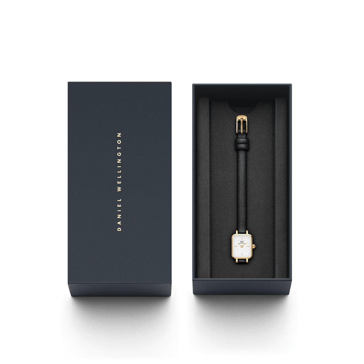 Quadro Mini Sheffield Gold women’s watch with black leather strap in Daniel Wellington gift box, elegant and ready for gifting.