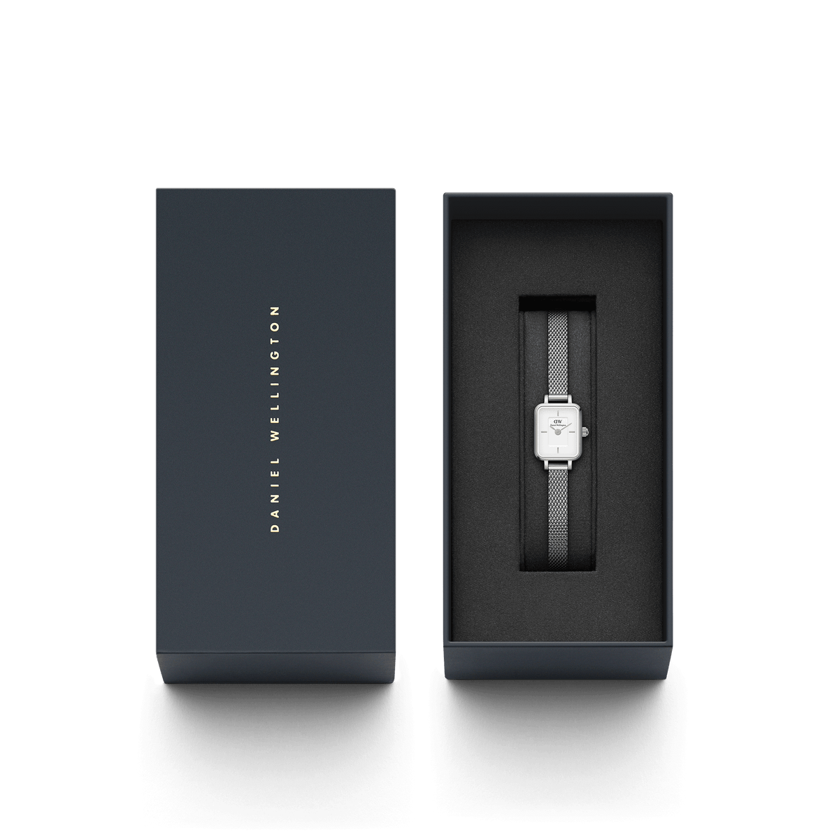 Quadro Mini Sterling women’s silver watch with rectangular dial in a Daniel Wellington gift box, perfect for special occasions.