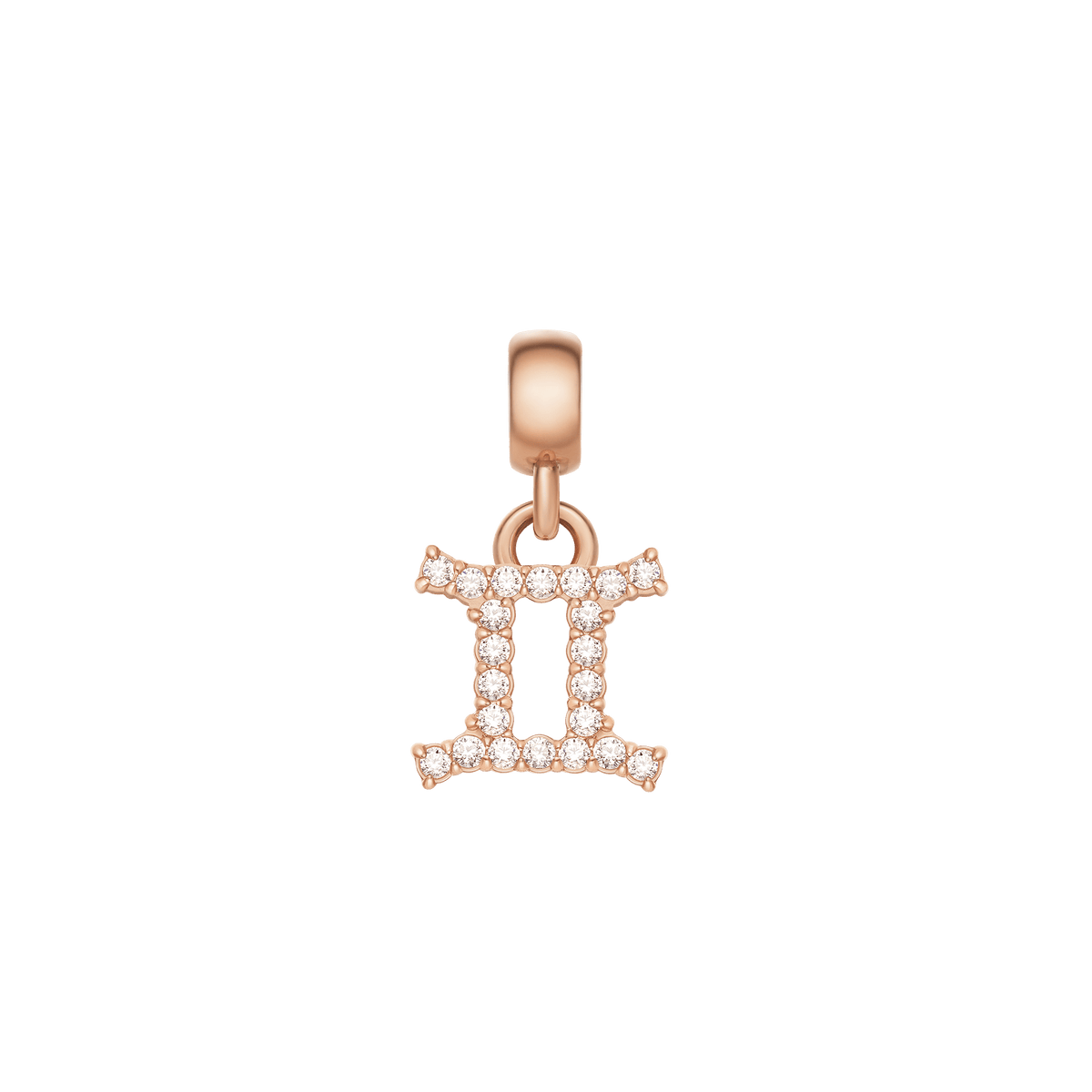 Gemini zodiac charm in rose gold stainless steel, finished with sparkling cubic zirconia crystals in a delicate, modern style.