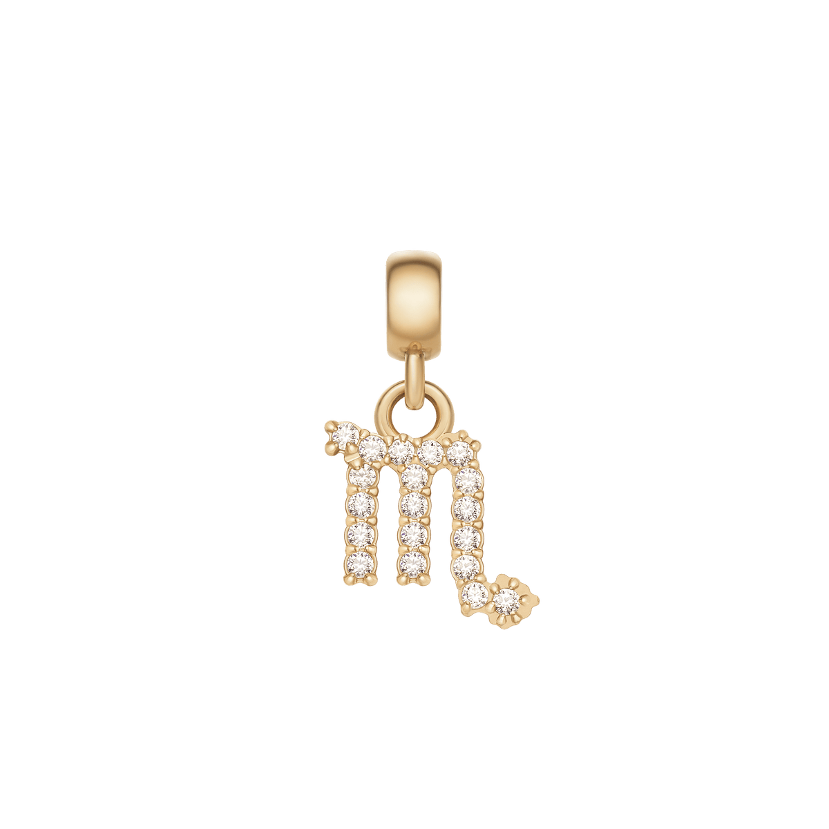 Scorpio zodiac charm in gold, detailed with sparkling cubic zirconia crystals and a polished gold clasp, ideal for adding a personal touch to jewellery.