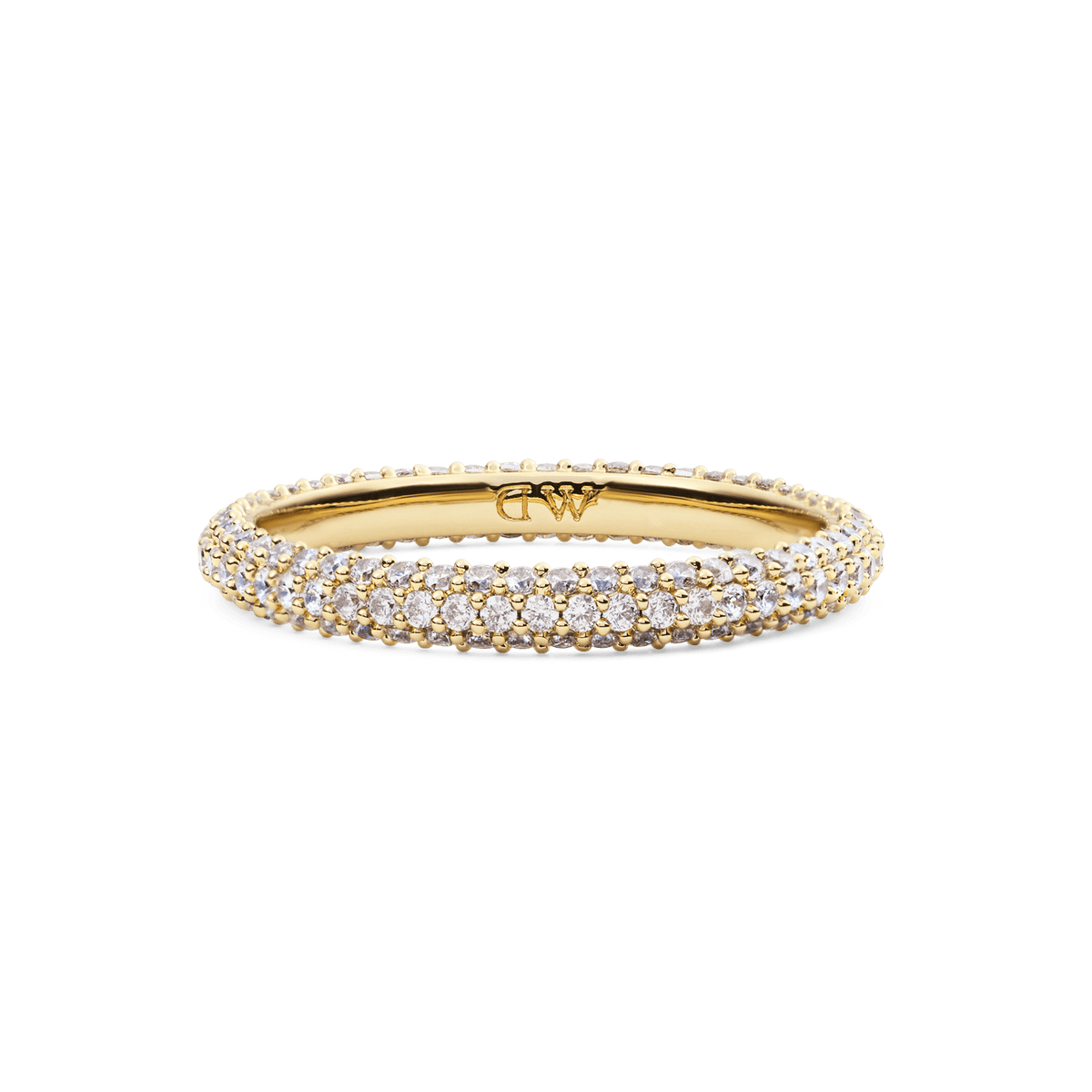 Slim gold pavé ring with a 3 mm band, featuring rows of closely set white cubic zirconia crystals and a polished gold-plated finish, engraved with the Daniel Wellington logo inside.