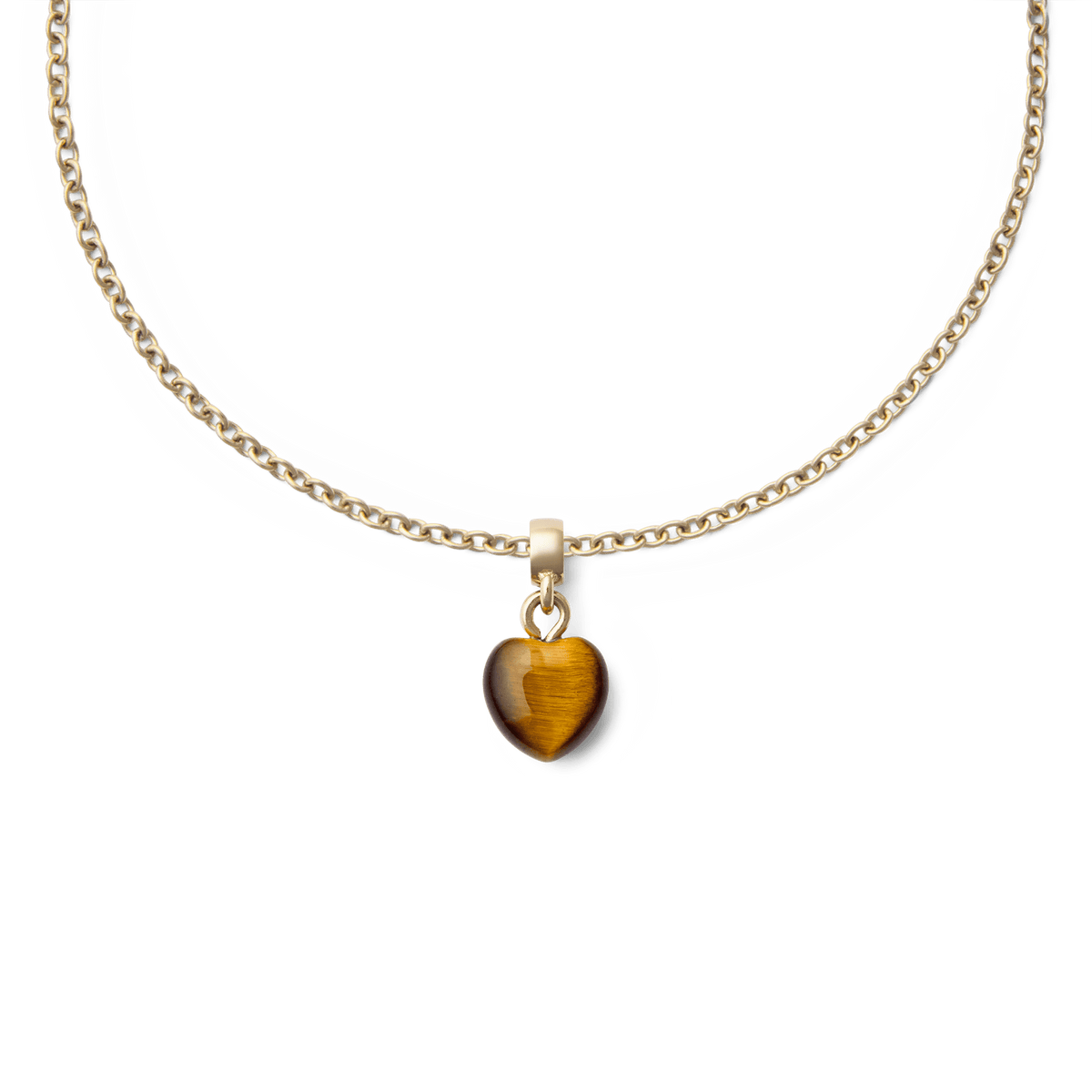 Tiger eye Heart Gold Charm displayed on a gold chain necklace, featuring a polished heart-shaped tiger eye stone with warm golden-brown tones and a gold PVD-plated stainless steel setting.