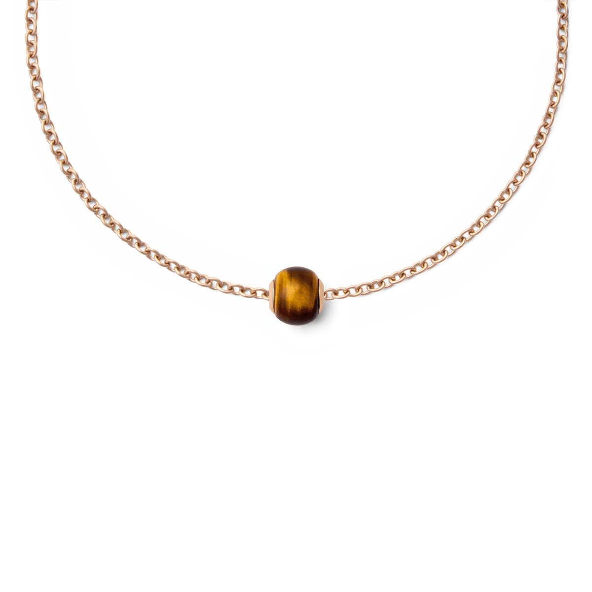 Tiger Eye Orb Rose Gold charm displayed on a delicate rose gold chain, featuring a polished tiger eye stone with natural golden-brown striations.