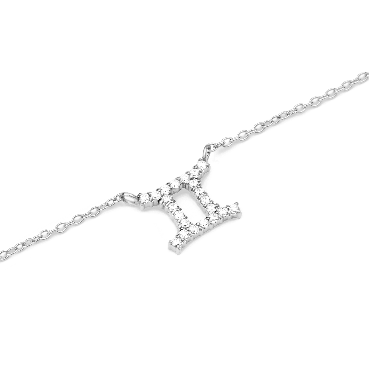 Close-up of the Crystal Zodiac Chain Necklace Silver featuring a Gemini pendant adorned with sparkling hand-set crystals on a fine silver chain.