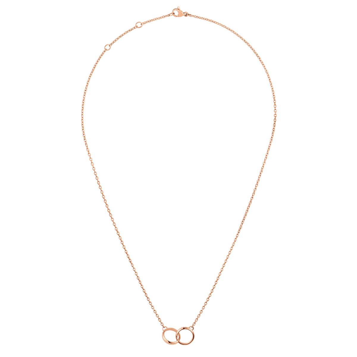 Classic Lumine Unity Rose Gold necklace with an adjustable rose gold chain and two interlocking rings as the pendant.