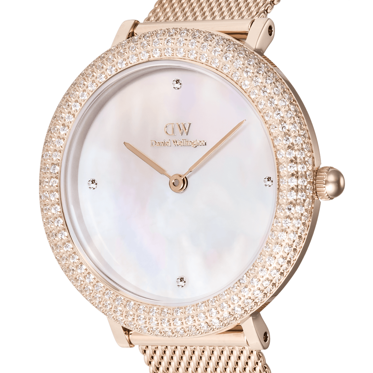 Close-up of the Crystalline Bezel Melrose watch, highlighting the iridescent mother of pearl dial, rose gold case, and bezel encrusted with sparkling cubic zirconia and Preciosa stones.