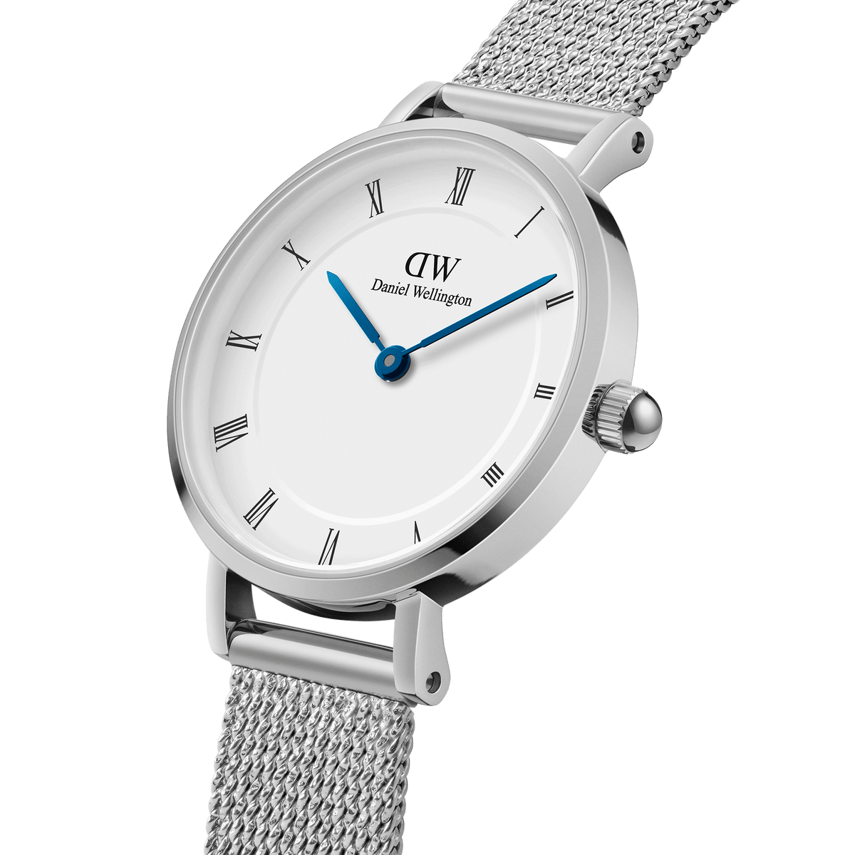 Close-up of Petite Roman Numerals Sterling women’s silver watch with blue hands, white dial, and fine mesh stainless steel strap.